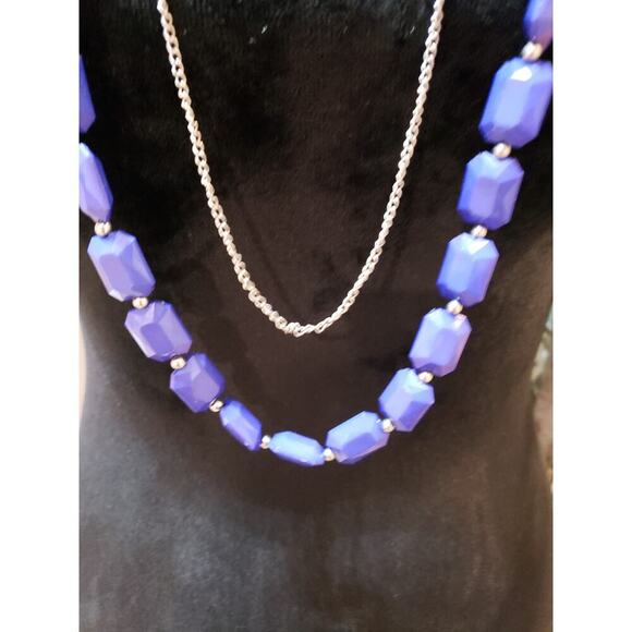 Women Fashion 2 Strand Blue Plastic Faceted Beads Link Chain Necklace w/ Lobster - Picture 2 of 7